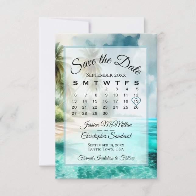 Reserve A Data Calendário de Casamento Chic em Aquarela de Praia  (Frente)