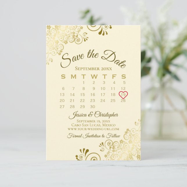 Reserve A Data Calendário de Casamento Chic para Amigos Dourados  (Em pé/Frente)