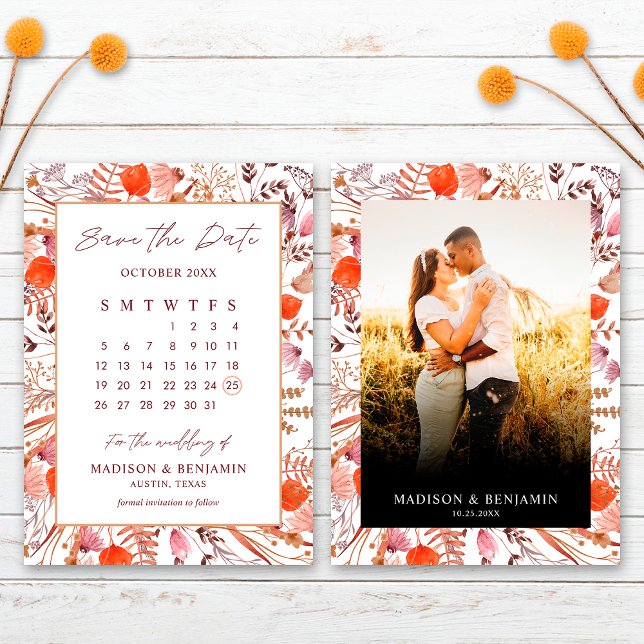 Reserve A Data Calendário de Casamento com Foto de Flores Silvest (Criador carregado)