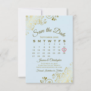 Reserve A Data Calendário de Casamento de Chic Azul em Pó Doura