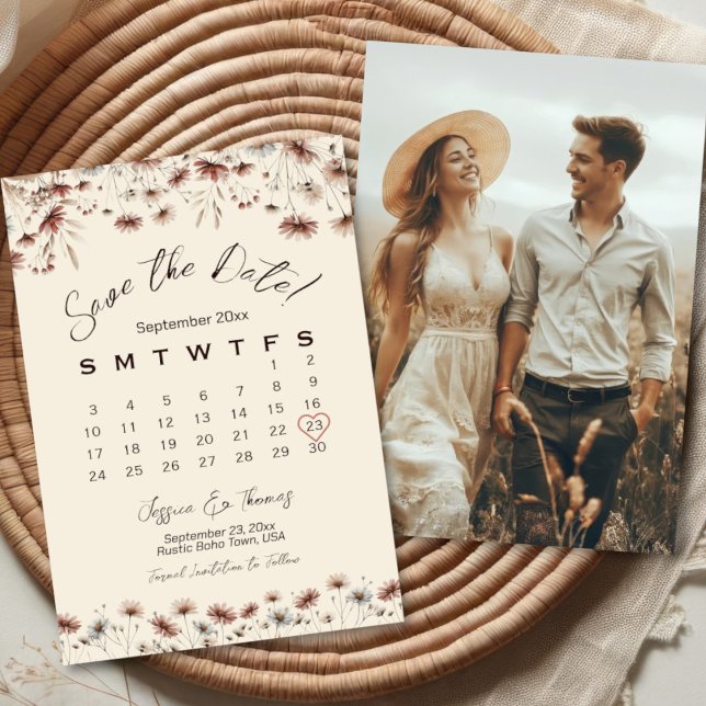 Reserve A Data Calendário de Casamento e Foto de Flores Silvestre (Front/Back)