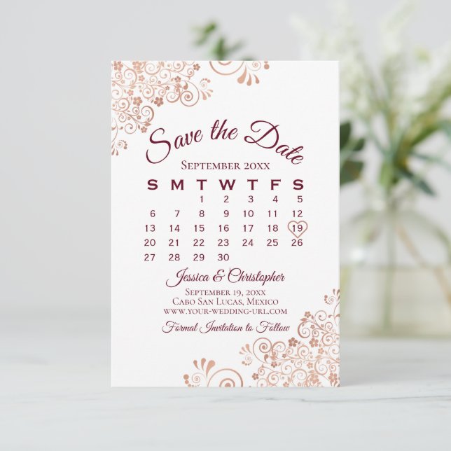 Reserve A Data Calendário de Casamento Elegante de Lugar Dourado  (Em pé/Frente)
