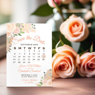 Reserve A Data Calendário de Casamento Floral Coral Peach Waterco