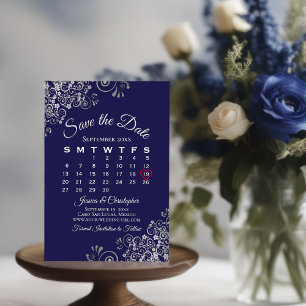 Reserve A Data Calendário de Casamento Simples Elegante Azul Silv