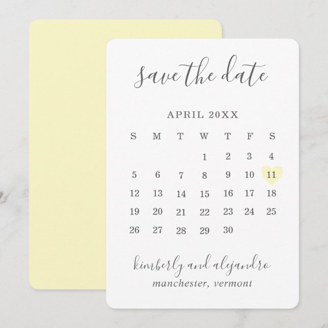 Reserve A Data Calendário de Coração Amarelo Pastel Simples e Fof (Frente/Verso)