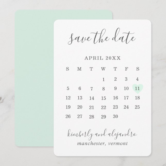 Reserve A Data Calendário de Coração Verde Menta Simples e Fofo p (Frente/Verso)