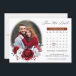 Reserve A Data Calendário de Fotos Metálico Vermelho Branco Prata<br><div class="desc">Calendário com tema elegante vermelho branco e prata cartão para salvar a data com um buquê elegante de flores de rosa vermelha rubi real, carmesim, prata, botões de flores brancas puras e folhas de eucalipto. Por favor, entre em contato comigo para qualquer ajuda na personalização ou se você precisar de...</div>