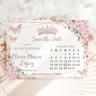 Reserve A Data Calendário de Quinceañera em Rosa Dourado com Flor