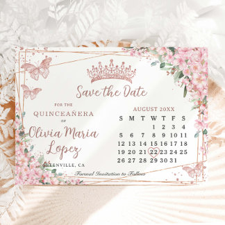 Reserve A Data Calendário de Quinceañera em Rosa Dourado com Flor