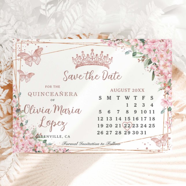 Reserve A Data Calendário de Quinceañera em Rosa Dourado com Flor (Criador carregado)