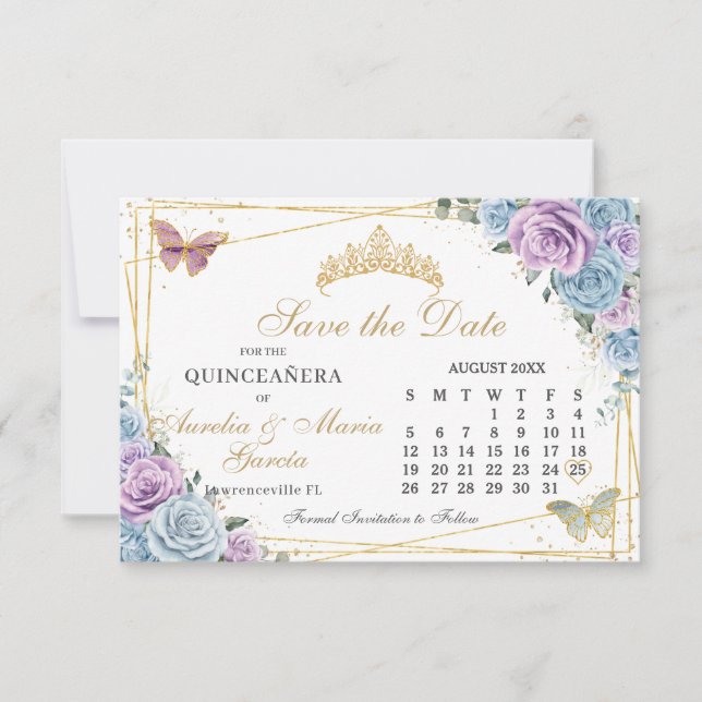 Reserve A Data Calendário de Quinceanera, Gêmeos Florais Roxos Az (Frente)