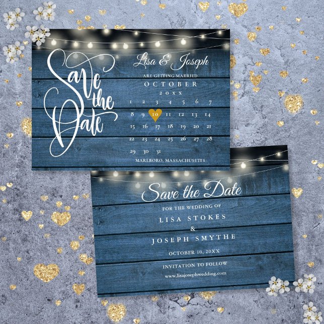 Reserve A Data Calendário Dourado Coração Azul Rústico Madeira Ca (Calendar Gold Heart Rustic Blue Wood Wedding Save The Date)