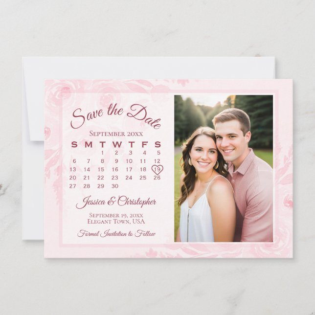 Reserve A Data Calendário e Foto de Bodas de Peônias Boho Rosa Be (Frente)