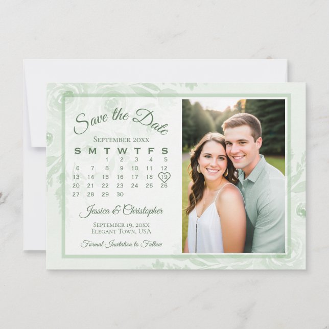 Reserve A Data Calendário e Foto de Casamento Boho Peônias Verde  (Frente)