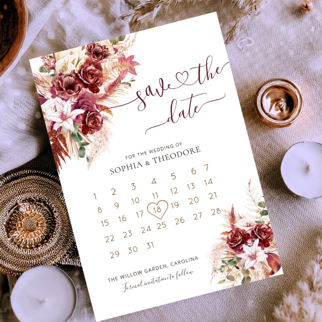 Reserve A Data Calendário Floral Burgundy & Blush (Criador carregado)