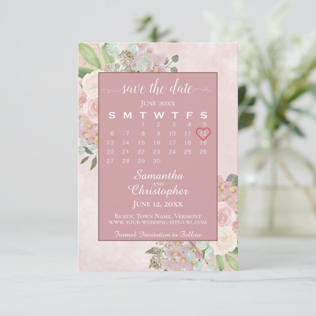 Reserve A Data Calendário Floral de Casamento Rustic Dusty Rosa P (Em pé/Frente)