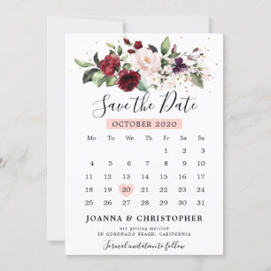 Reserve A Data Calendário floral de rosa cor-de-rosa borgonha rom