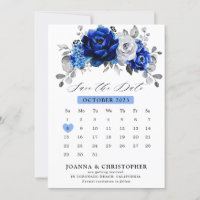 Calendário floral metálico azul real branco pratea