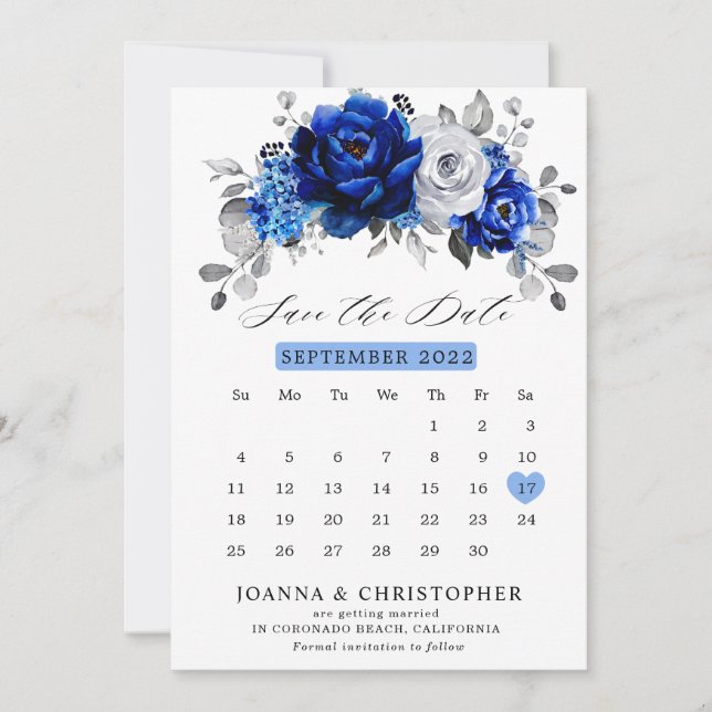 Reserve A Data Calendário floral metálico azul real branco pratea (Frente)