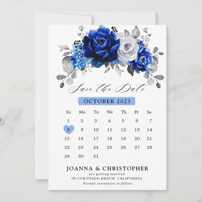 Reserve A Data Calendário floral metálico azul royal branco prate (Frente)