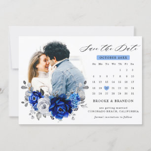 Reserve A Data Calendário Floral Metálico Real Azul Branco Pratea