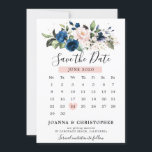 Reserve A Data Calendário Floral Rosa Bege Azul Marinho<br><div class="desc">Cartão de aviso de data de casamento romântico geométrico moderno e elegante com calendário floral em aquarela apresenta um buquê de rosas em azul marinho, rosa bege, roxo e pêssego com folhagem combinando. Perfeito para um casamento de outono/meio de verão. Encontre mais designs e variações correspondentes na minha loja "blissweddingpaperie"....</div>