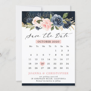 Reserve A Data Calendário Floral Rosa Rosa Rosa Azul Marinho