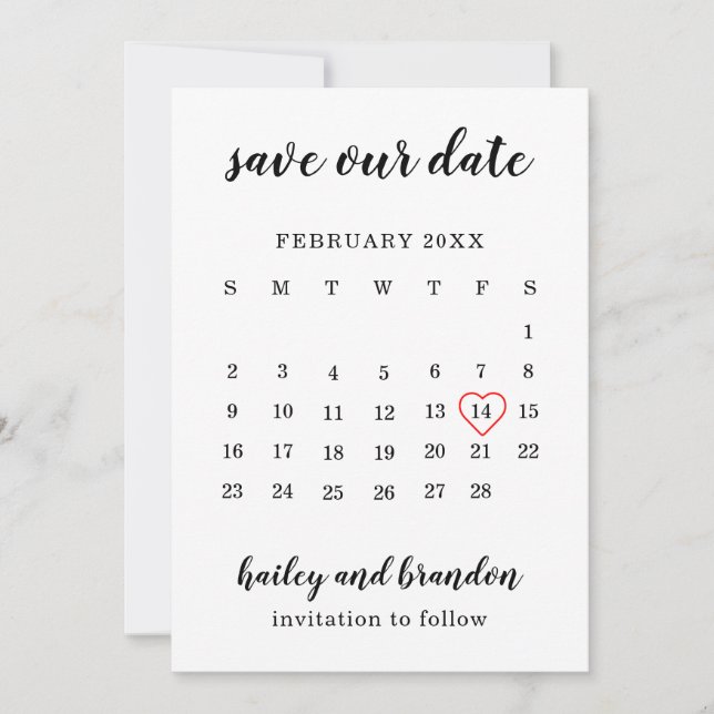 Reserve A Data Calendário Fofo Coração Vermelho Casamento Moderno (Frente)