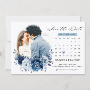 Reserve A Data Calendário Fotográfico Botânico de Azul Desbotado 