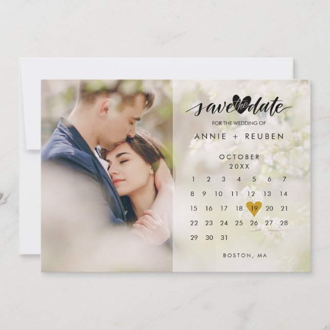 Reserve A Data Calendário Moderno Coração de Amor Dourado Foto (Frente)