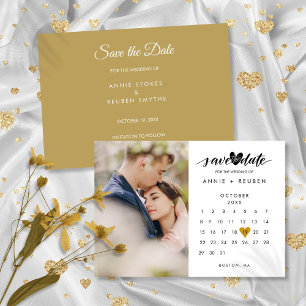Reserve A Data Calendário Moderno Elegante Coração Dourado Foto C
