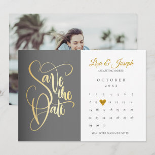 Reserve A Data Calendário Moderno Foto Coração Amor Dourado