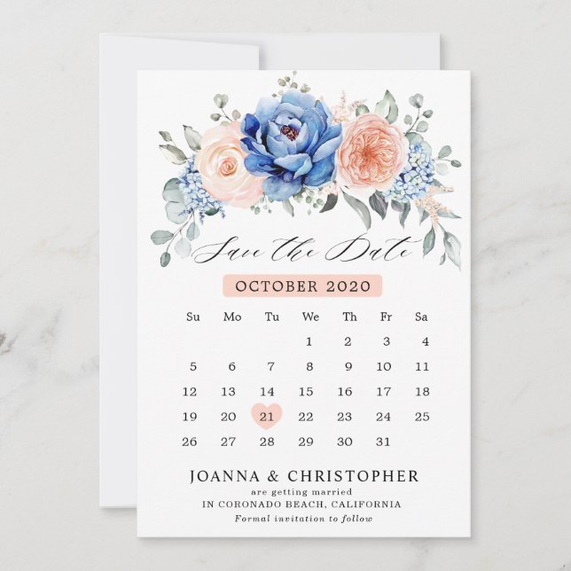 Reserve A Data Calendário Navy Blue Slate Blush Save The Date (Frente)