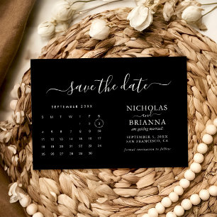 Reserve A Data Calendário Negra Moderno de Casamento Minimalista