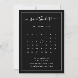 Reserve A Data Calendário Preto Moderno Minimalista Casamento Ele