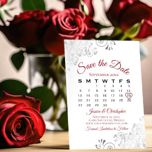 Reserve A Data Calendário Simples de Casamento Elegante Vermelho