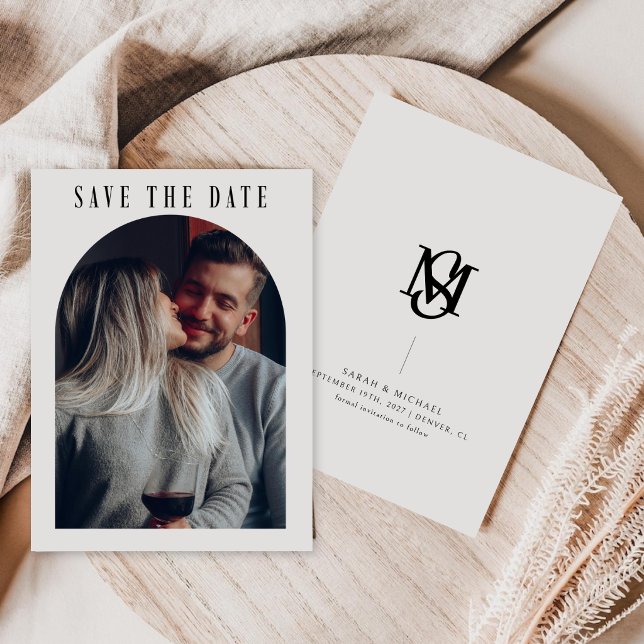 Reserve A Data Caligrafia Boho Arco Foto Monograma de Casamento (Criador carregado)