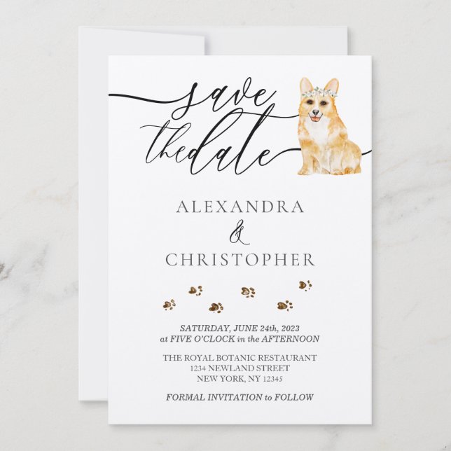 Reserve A Data caligrafia de casamento de filhote de Corgi marrom (Frente)