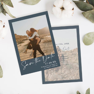 Reserve A Data Caligrafia elegante azul 2 fotos salvam a data