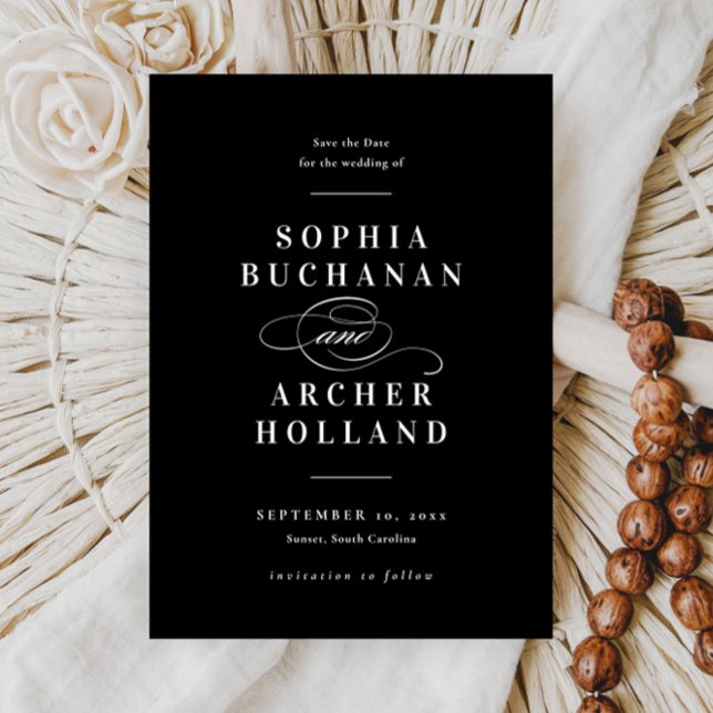 Reserve A Data Caligrafia Elegante Casamento Negro e Branco (Elegant type black and white non photo save the date card.)