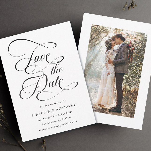 Reserve A Data Caligrafia Elegante Casamento Preto e Branco (Front & Back)