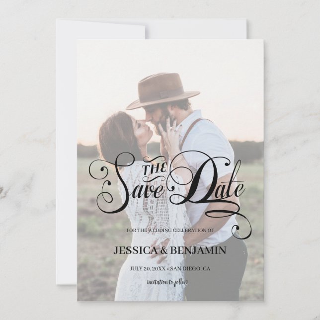 Reserve A Data Caligrafia Faux Vellum Efeito Foto Casamento (Frente)