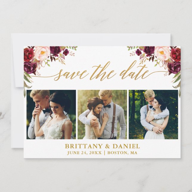 Reserve A Data Caligrafia Moderna Burgundy Floral 3 Foto Dourada (Frente)