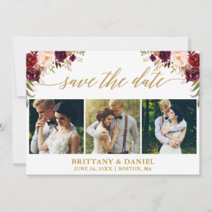 Reserve A Data Caligrafia Moderna Burgundy Floral 3 Foto Dourada