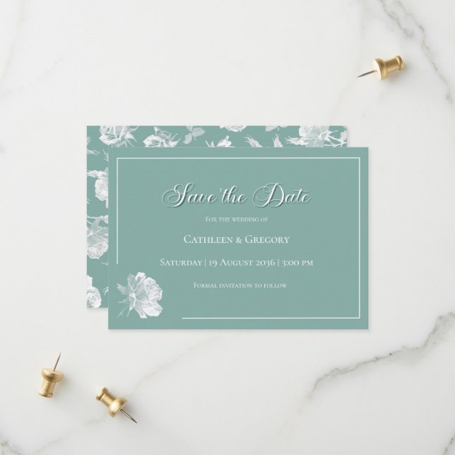 Reserve A Data Caligrafia Moderna Floral Verde Sage Casamento (Frente/Verso In Situ)