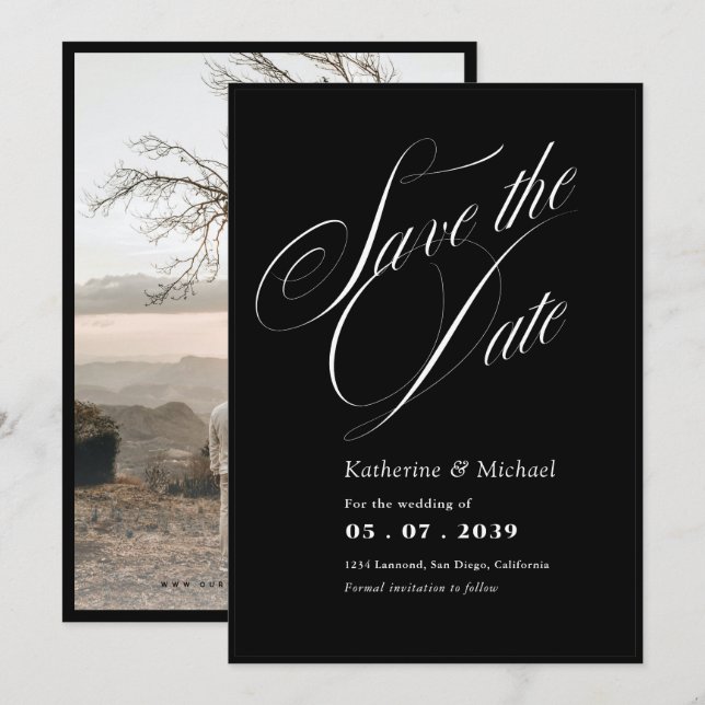 Reserve A Data Caligrafia Romântica: Adicionar Foto Salvar Casame (Frente/Verso)