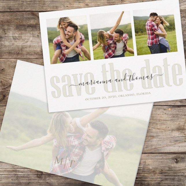 Reserve A Data Caligrafia Vellum Script Estiloso Multi Foto  (Simple multi photo save-the-date photo card with stylish calligraphy and block-style lettering. )