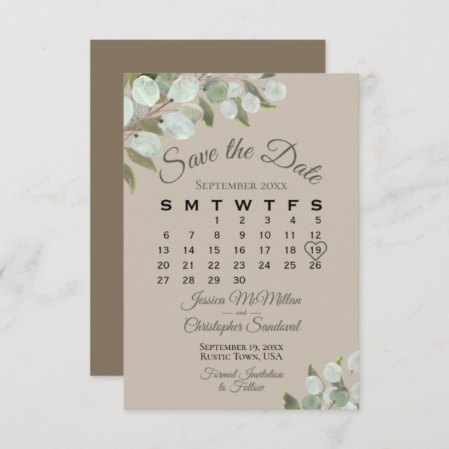 Reserve A Data Calyptus Greenery Calendar Tan Weding Rustic Eucal (Frente/Verso)