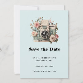 Reserve A Data Câmera com Imagem Retro Pastel de Flores