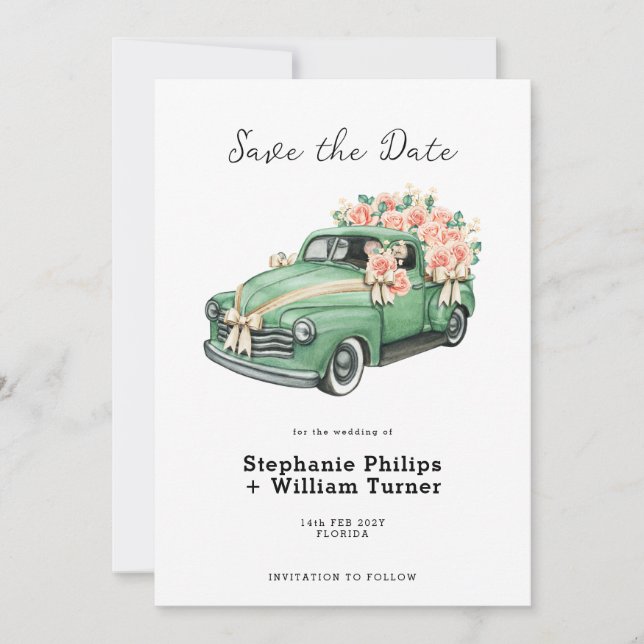 Reserve A Data Caminhonete Antiga Verde para Casamento com Flores (Frente)